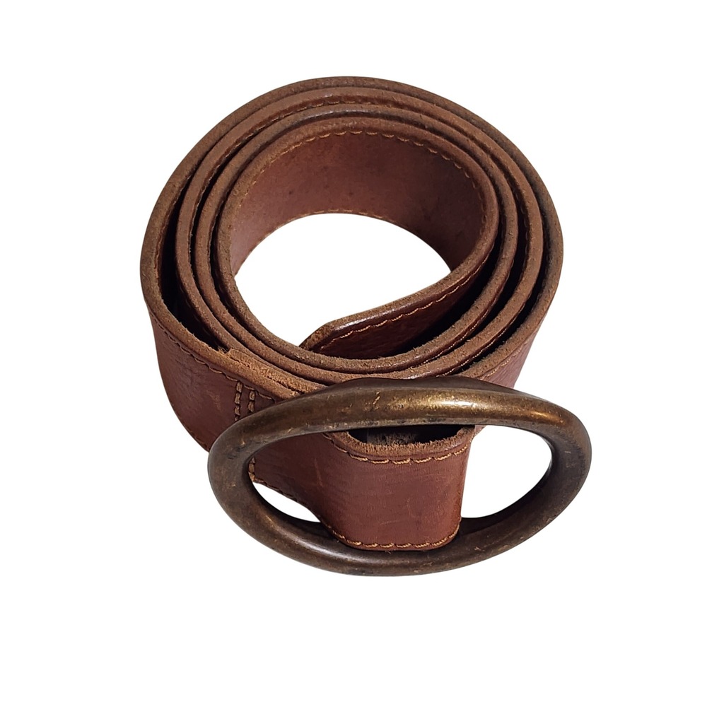Vtg 80s GAP Belt Womens M Cowhide Leather Warm Tan Made USA Oval Brass Buckle - Picture 7 of 10